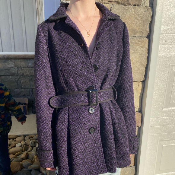 Y2K Candies Classic Textured Purple & Black Belted Pea Coat Size Medium - Picture 3 of 9